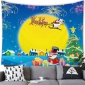 Detailed Christmas tapestry featuring a snowman and reindeer sled above a gray sofa - 100x70(Peach Skin) / Bright Blue Night Sky Fireworks Snowman Style (18)
