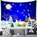 Close-up of Merry Christmas wall tapestry showing a snowy winter night with a full moon - 100x70(Peach Skin) / Deep Blue Moonlit Cabin Style (19)