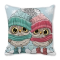 Winter owl peach skin pillowcase featuring two owls in hats on light blue snow background - Winter Owl Friends (Style 30)