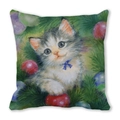 Square peach skin pillow with watercolor Christmas cat and festive ornaments print - Kitten with Blue Bowtie (3)