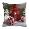 Detailansicht Weihnachtskissen mit roter Laterne, Kiefernzweigen und Dekokugeln - 45x45 cm / Rote Schneeflocken Laterne (32)