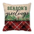 Detailansicht Weihnachtskissenbezug mit Season's Greetings Text und Karomuster - Schöne Feiertage Rot-Schwarz-Karo Mix (29)