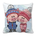 Detailed view of winter owl peach skin cushion cover with cute cartoon pig illustration - Winter Pig Friends (Style 31)