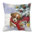 Christmas dog pillow cover with watercolor puppy in red scarf and festive tree design - Puppy with Red Scarf (4)
