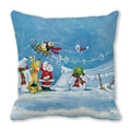 Christmas peach skin square pillowcase with Santa and penguins on blue background - Penguin and Snowman Skiing (7) / 45x45cm