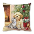 Housse de coussin de Noël avec chaton et chiot mignons devant la cheminée et sapin - Câlins près de la Cheminée (5)