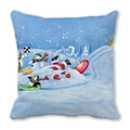 Light blue Christmas cushion featuring cartoon penguins and polar bears on peach skin fabric - Santa Upside Down Skiing (8) / 45x45cm