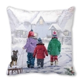 Winter snow scene art throw pillow featuring children and sled on peach skin fabric - Family Walking in Snow (5) / 45x45cm