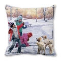 Christmas pillowcase with oil painting of kids and dogs playing in the winter snow - Kids with Golden Retriever in Snow (6) / 45x45cm