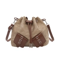 Khaki canvas bucket bag with brown leather trim and drawstring closure in variant view - White