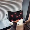 Vintage black hobo bag with red cherry print and golden rings for women daily use - Black