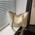 Grand sac cabas en cuir PU beige avec anses kaki et logo embossé au style minimaliste - Blanc