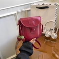 Retro deep red patent leather crossbody bag with cute strawberry charms and embossed logo - With Strawberry Pendant / Red