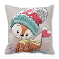 Close-up of winter cartoon fox illustration on peach skin fabric square pillowcase - Winter Cartoon Fox (Style 35)