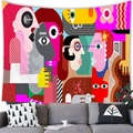 Detailed view of abstract face tapestry hanging above a sofa in a modern room - 100x70cm / Brushed Texture / High Saturation Pop Face (10)