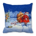 Merry Christmas peach skin pillow cover with Santa Claus and reindeer snowy scene - 18x18 Inch / Sleigh Flying Over Night Style (14)