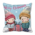 Detailed view of Merry Christmas print on soft peach skin fabric square pillowcase - Light Blue Background Christmas Couple (Style 37)