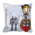 Merry Christmas square throw pillow featuring romantic snow scene with red bow wreath - Strolling in Snowy Park (8) / 45x45cm