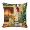 Coussin de Noël carré avec illustration peinture à l'huile de chiot et petit chaton - Jouant près de la Cheminée (10)