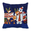 Navy blue Christmas pillow case with festive reindeer, polar bear, and Santa Claus design - 18x18 Inch / Christmas Banner Style (15)