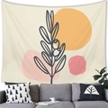 Detail of abstract botanical line art tapestry with warm geometric shapes on white wall - 100cmx70cm / Abstract Botanical Leaf With Warm Geometric Blocks (15)