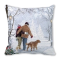 Winter snow scene throw pillow featuring an oil painting of a couple with a golden retriever - Couple Walking Dog in Snow (9) / 45x45cm