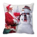 Square Christmas pillow case featuring oil painting of Santa Claus and a snowman - Santa in Snow Forest Style(9)