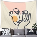 Macro view of abstract face line art on a brushed fabric tapestry for home wall decor - 100cmx70cm / Abstract Face Outline With Pink Orange Geometric Blocks (10)
