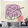 Close-up of minimalist monstera leaf tapestry with pink and coral shapes over a sofa - 100cmx70cm / Minimalist Monstera Leaf Lines (9)