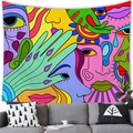 Colorful surrealist abstract line art tapestry hanging on white wall over modern sofa - Overlapping Colorful Faces Surrealist Style / 150x100(Peach Skin)