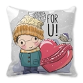 Detail of cartoon owl pillowcase with For U text and cute boy print on peach skin fabric - Boy with Heart and Bird (Style 39)