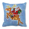 Blue Christmas throw pillow with cartoon Santa Claus and reindeer flying in the sky - 18x18 Inch / Reindeer Speeding Style (16)