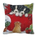 Housse de coussin Noël en peau de pêche avec illustration chiot et chat style peinture - Chat et Chien près de la Clôture Enneigée (12)