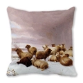 Detailed close-up of winter landscape sheep painting on peach skin throw pillow - 18x18 Inch / Resting Sheep At Dusk (37)