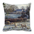 Close-up of peach skin cushion cover featuring winter village oil painting scenery - 18x18 Inch / Country Rustic Oil Painting (34)