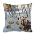Detailed close-up of Christmas cushion featuring an oil painting style winter snow scene - 18x18 Inch / Stream Trees Sheep (33)