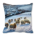 Macro detail of oil painting style pillow cover with winter sheep and snow scene - 18x18 Inch / Lit Village Sheep (29)