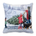 Christmas cushion cover featuring a family in snow scene on peach skin fabric - Family Transporting Christmas Tree (11) / 45x45cm