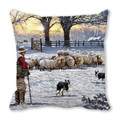 Detailed view of winter oil painting style print on soft peach skin throw pillow cover - 18x18 Inch / Sunset House Sheepdog (25)