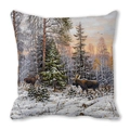 Detailed view of square pillowcase featuring winter forest elk scenery oil painting print - 18x18 Inch / Three Reindeer Pine Forest (23)