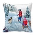 Merry Christmas peach skin pillow cover with winter snow scene oil painting print - Kids and Pets Pulling Sled (12) / 45x45cm
