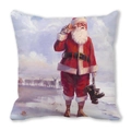 Detailed macro view of vintage Santa Claus and reindeer print on square peach skin pillow - 18x18 Inch / Santa on Beach (35)