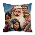 Detailed view of square Christmas pillowcase featuring Santa and children oil painting print - 18x18 Inch / Santa with Multi-ethnic Kids (33)