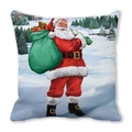 Detailed close-up of a festive Santa Claus print on a square velvet sofa cushion cover - 18x18 Inch / Santa with Bag in Snowy Forest (26)
