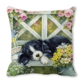 Housse de coussin de Noël avec chien peint à la main parmi des roses roses et marguerites - Chiot Noir Blanc Clôture en Bois (23)