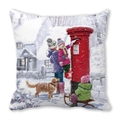 Winter snow scene cushion featuring children and golden retriever in oil painting style - Mailing Letter in Snow (16) / 45x45cm