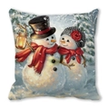 Christmas snowman couple square pillow with festive warm lamp oil painting illustration - 18x18 Inch / Snowman Couple with Lantern (40)