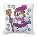 Close-up of a white square Christmas pillowcase featuring a cartoon snowman with a purple hat - 18x18 Inch / Snowman with Purple Knit Hat (38)