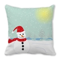 Detailed view of Santa Christmas snowman print on peach skin velvet square cushion cover - 18x18 Inch / White Background Snowman with Red Scarf Style (27)