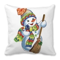 Close-up of a square Christmas pillow cover featuring a cute snowman and blue bird - 18x18 Inch / Snowman with Multicolor Hat (32)